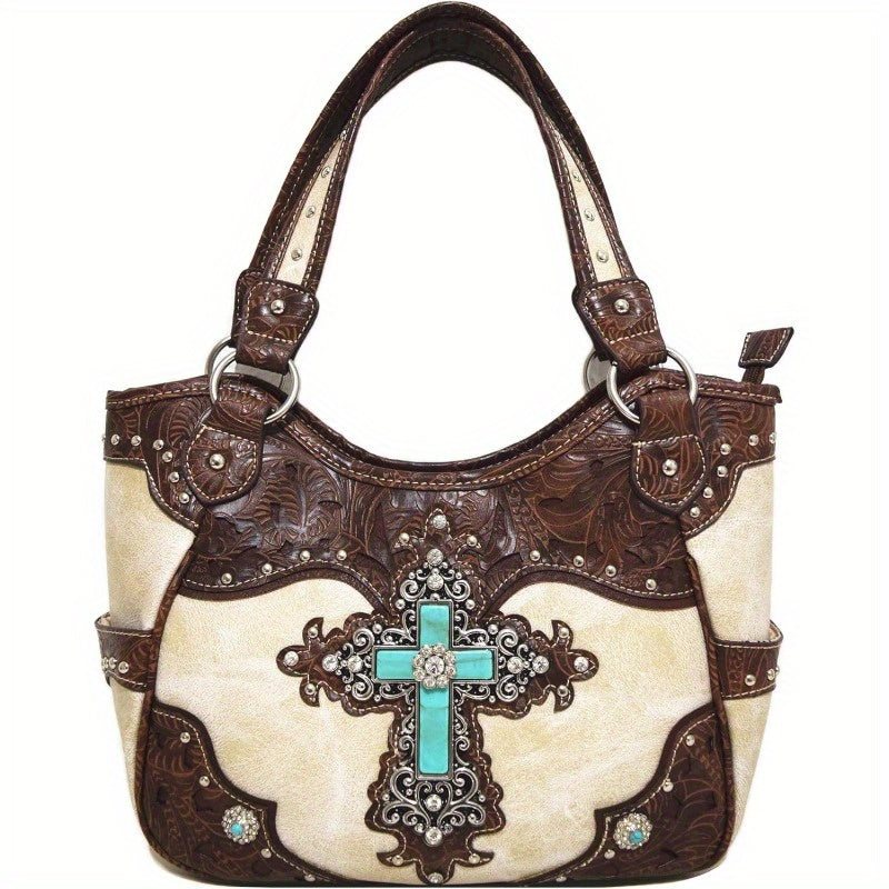 1pc Western Style Faux Leather Handbag with Rhinestone Cross and Conchos, Studded Shoulder Bag with Trifold Wallet Set Beige #2 Black Set Coffee Set Beige #2-Black Set-Coffee Set-Turquoise Set-