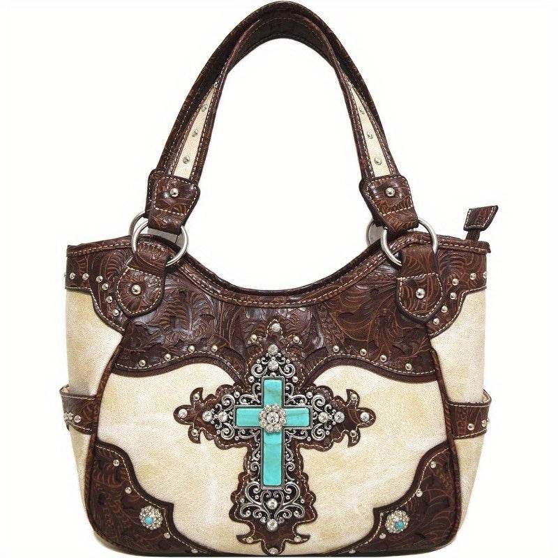 1pc Western Style Faux Leather Handbag with Rhinestone Cross and Conchos, Studded Shoulder Bag with Trifold Wallet Set - Fashionqueene.com
