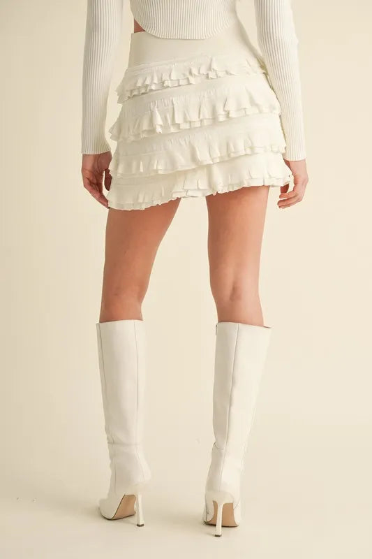 MABLE Ruffled Detail High Waist Knit Mini Skirt Cream / M Cream / S Cream / L Cream / M-Cream / S-Cream / L-