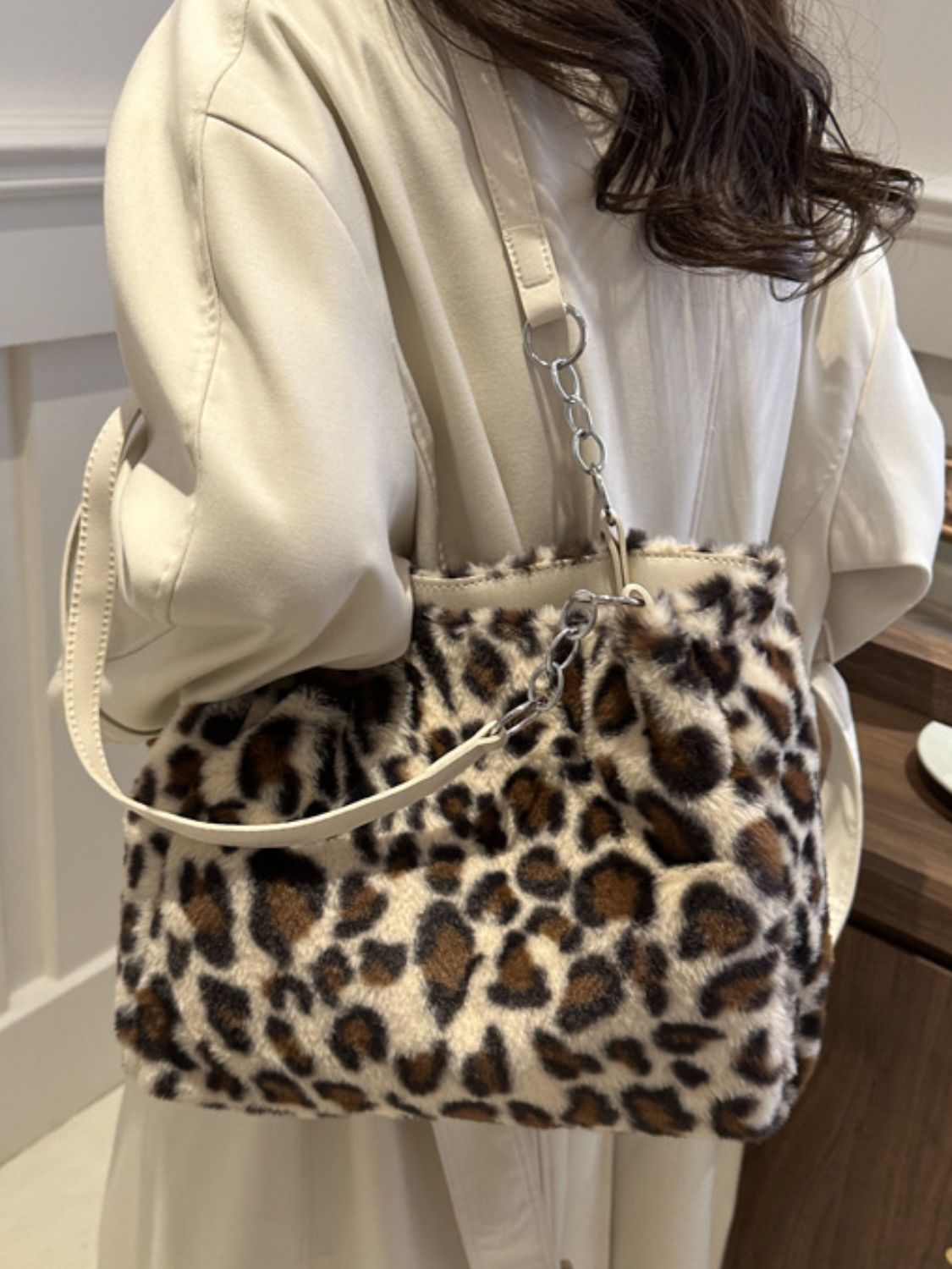 Faux Fur Leopard Shoulder Bag Brown / One Size Beige / One Size