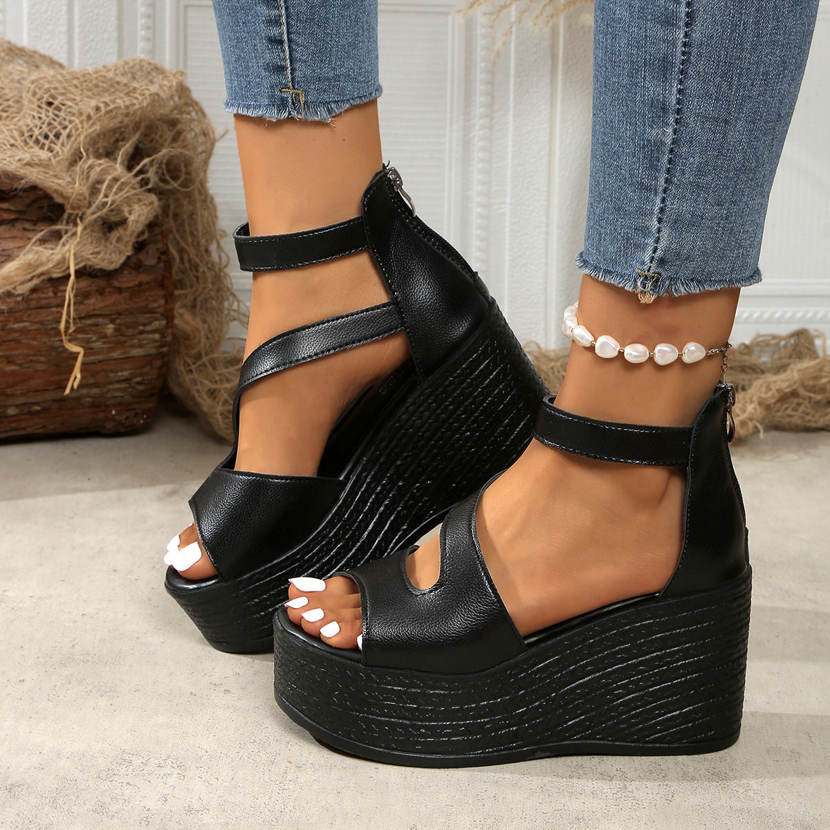 Open Toe Cutout Wedge Sandals Black / 35(US4) Black / 36(US5) Black / 37(US6) Black / 35(US4)-Black / 36(US5)-Black / 37(US6)-Black / 38(US7)-Black / 39(US8)-Black / 40(US9)-Black / 41(US10)-Black / 42(US10.5)-Black / 43(US11)-