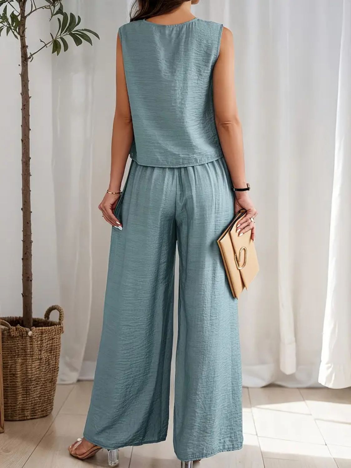 Round Neck Sleeveless Top and Wide Leg Pants Set Tan / 2XL Dusty Blue / S Dusty Blue / M Tan / 2XL-Dusty Blue / S-Dusty Blue / M-Dusty Blue / L-Dusty Blue / XL-Dusty Blue / 2XL-Black / S-Black / M-Black / L-Air Force Blue / S-Black / XL-Black / 2XL-Moonlit Mauve / S-Air Force Blue / M-Moonlit Mauve / M-Moonlit Mauve / L-Moonlit Mauve / XL-Moonlit Mauve / 2XL-Air Force Blue / L-Air Force Blue / XL-Air Force Blue / 2XL-Tan / S-Tan / M-Tan / L-Tan / XL-