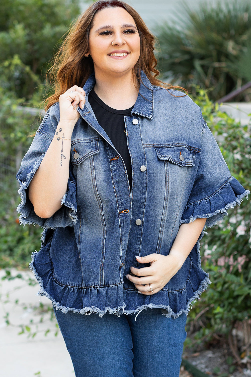 Peacock Blue Ruffled Frayed Short Sleeve Plus Size Denim Jacket Peacock Blue / 1X Peacock Blue / 2X