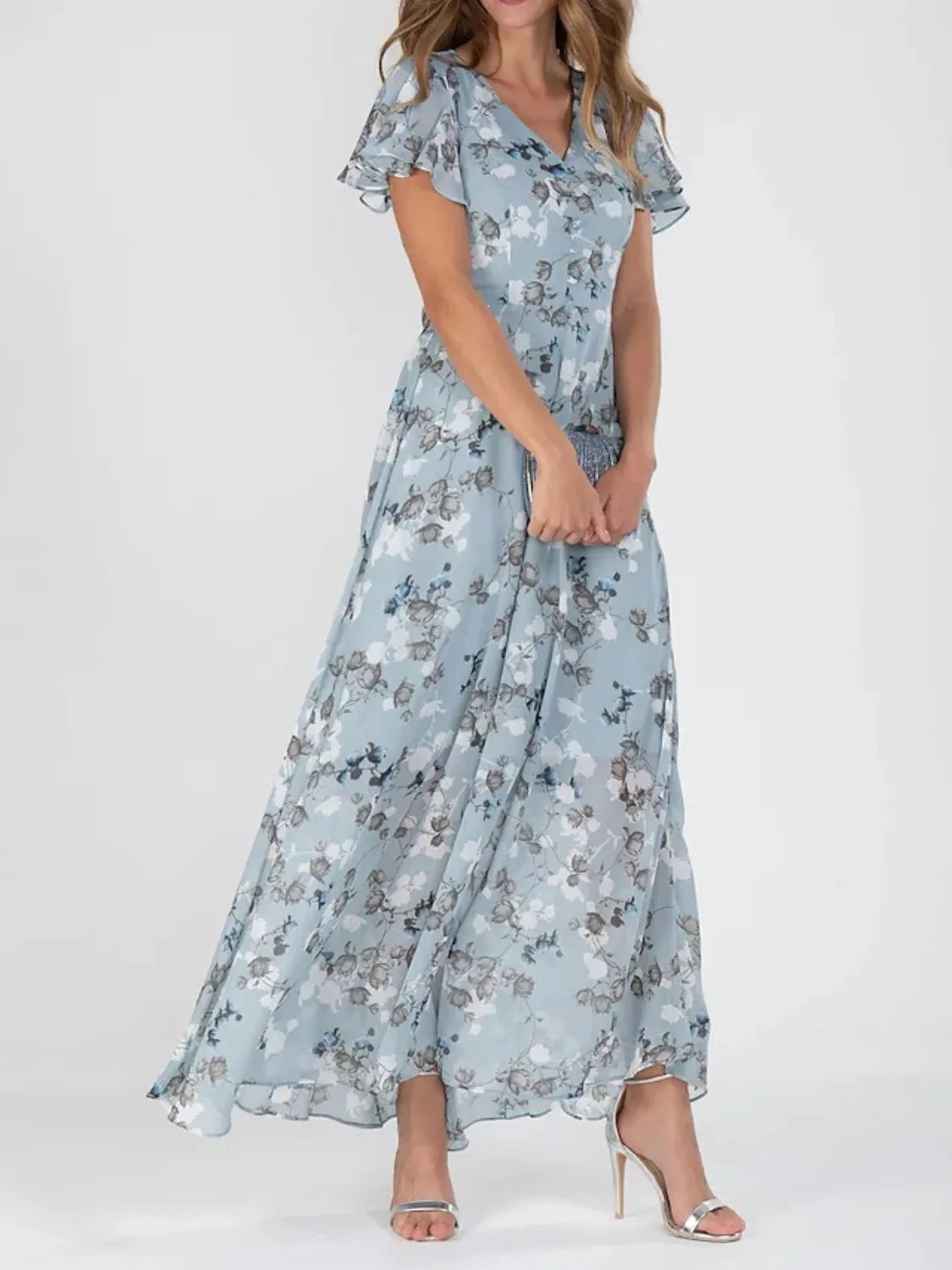 Floral V-Neck Flutter Sleeve Maxi Dress Light Blue / S Light Blue / M Light Blue / 3XL Light Blue / S-Light Blue / M-Light Blue / 3XL-Light Blue / L-Light Blue / XL-Light Blue / 2XL-