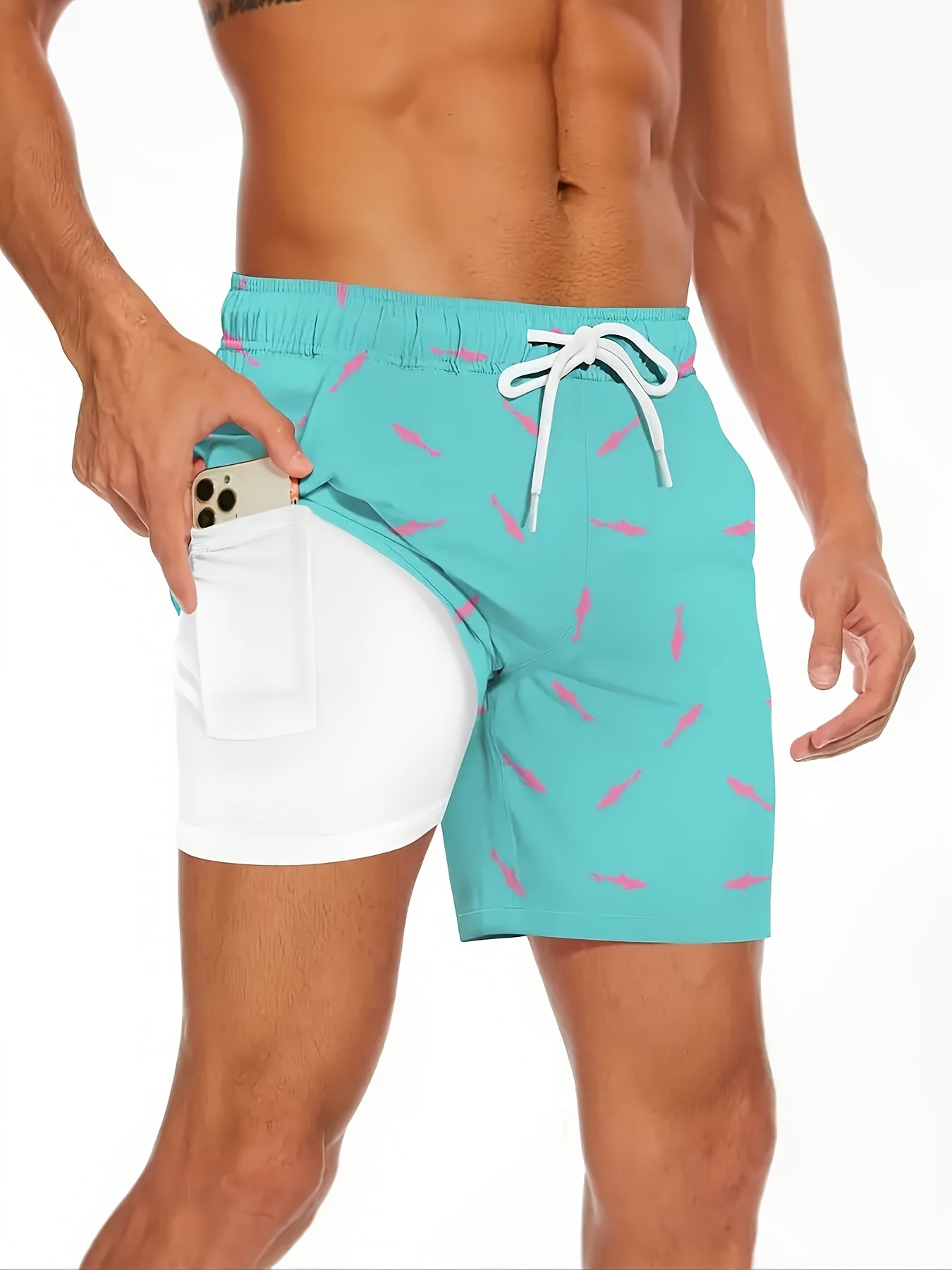Lightweight Breathable Swim Trunks with Compression Lining, Quick-Dry Fabric, Adjustable Drawstring Waist, Tropical Fish Print in Navy Blue