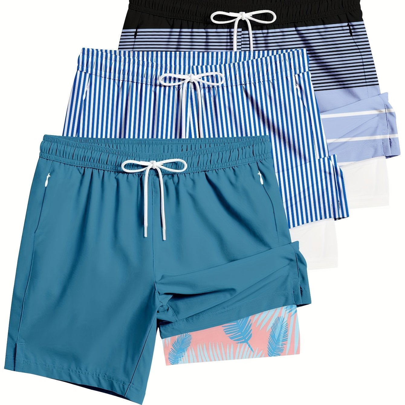 3pcs Men's Breathable -Blend Casual Shorts with Zipper Closure & Elastic Waistband - Digital Print Striped