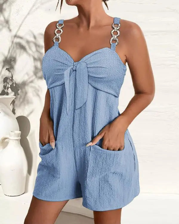 Chic Green V-Neck Front Tie Romper with Chain Straps and Pockets black / L(8-10) black / M(6)