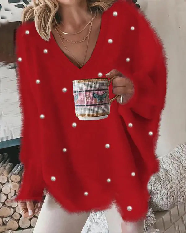 Chic V-Neck Oversized Sweater with Beaded Detailing - Fluffy Pullover Top white / S(4) white / M(6)