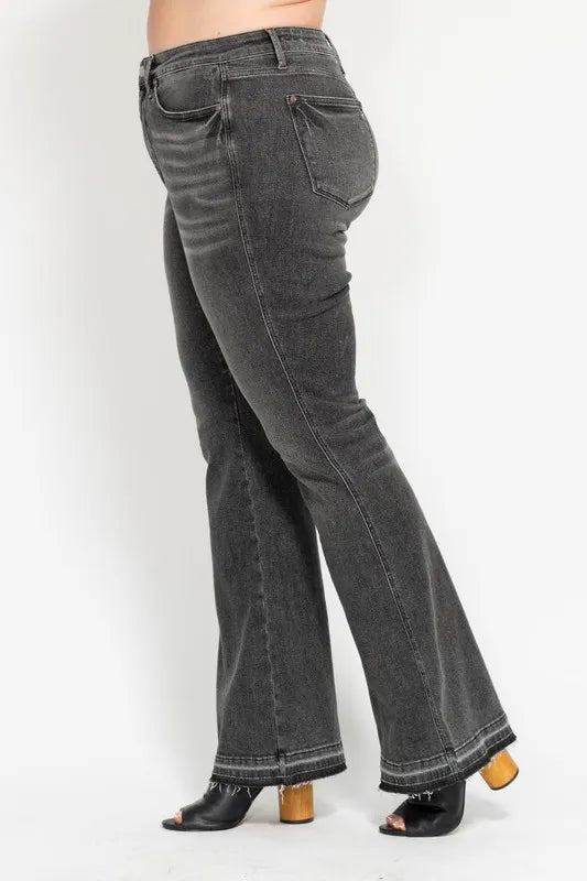 Judy Blue Full Size Midi Rise Tummy Control Washed Gray Release Hem Flare Jeans Plus Size GRY / 11(30) GRY / 5(27) GRY / 0(24) GRY / 11(30)-GRY / 5(27)-GRY / 0(24)-GRY / 1(25)-GRY / 3(26)-GRY / 7(28)-GRY / 9(29)-GRY / 13(31)-GRY / 15(32)-GRY / 14W-GRY / 16W-GRY / 18W-GRY / 20W-GRY / 22W-GRY / 24W-