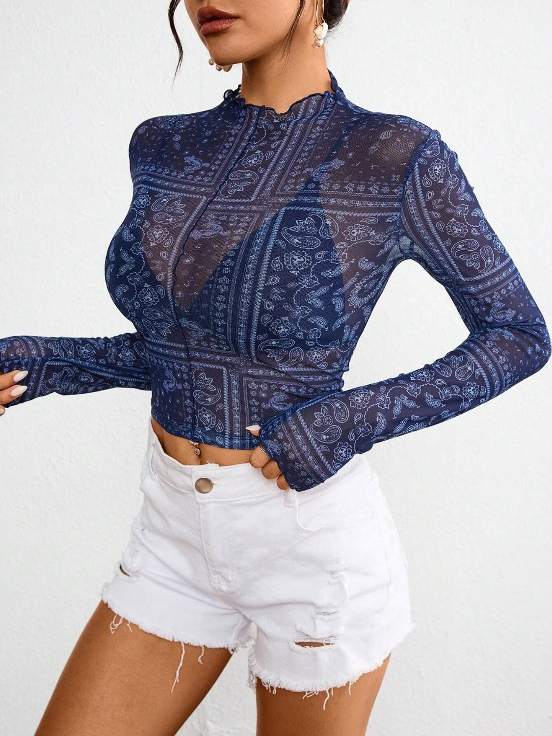 Paisley Mock Neck Long Sleeve Sheer Top Dark Blue / M Dark Blue / XL Dark Blue / S Dark Blue / M-Dark Blue / XL-Dark Blue / S-Dark Blue / L-Dark Blue / 2XL-
