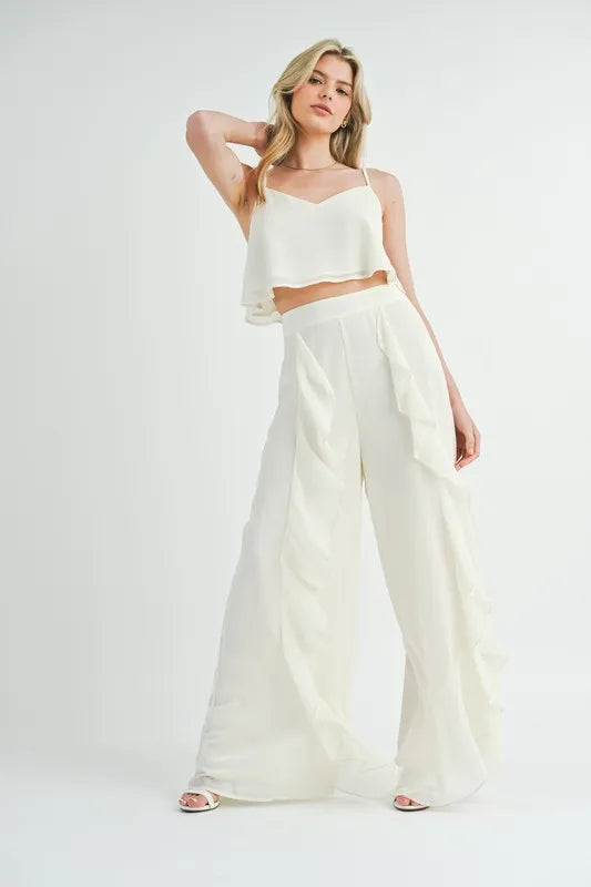 MABLE Crop Cami and Ruffled Wide Leg Pants Set Cream / S Cream / L Cream / M Cream / S-Cream / L-Cream / M-