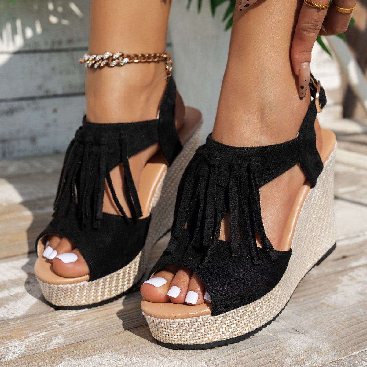 Fringe Peep Toe Wedge Sandals Black / 37(US6) Black / 38(US7) Black / 39(US8) Black / 37(US6)-Black / 38(US7)-Black / 39(US8)-Black / 40(US9)-Black / 41(US10)-Black / 42(US10.5)-Black / 43(US11)-Khaki / 36(US5)-Khaki / 37(US6)-Ochre / 36(US5)-Khaki / 38(US7)-Khaki / 39(US8)-Khaki / 40(US9)-Ochre / 37(US6)-Khaki / 41(US10)-Khaki / 42(US10.5)-Khaki / 43(US11)-Ochre / 38(US7)-Ochre / 39(US8)-Ochre / 40(US9)-Ochre / 41(US10)-Ochre / 42(US10.5)-Ochre / 43(US11)-Black / 36(US5)-