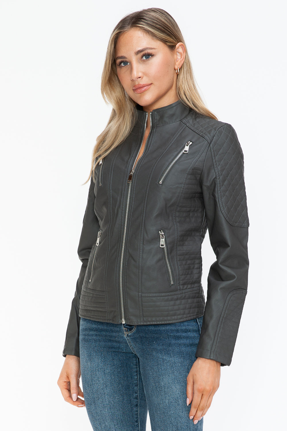 Snobbish Faux Leather Zip Up Mock Neck Jacket Charcoal / S Charcoal / M