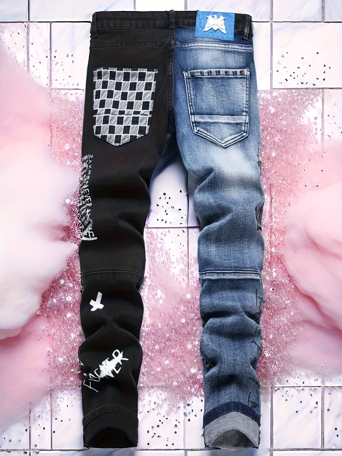 Men'S Ripped Letter Print Stretch Straight Slim Patchwork Jeans Comfortable Indigo / 30 Indigo / 32 Indigo / 34 Indigo / 30-Indigo / 32-Indigo / 34-Indigo / 36-Indigo / 38-