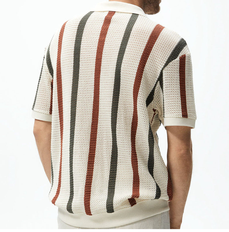 Chunky Knit Short-Sleeve Polo Shirt With Stripes And Contrast Colors, Casual Wear