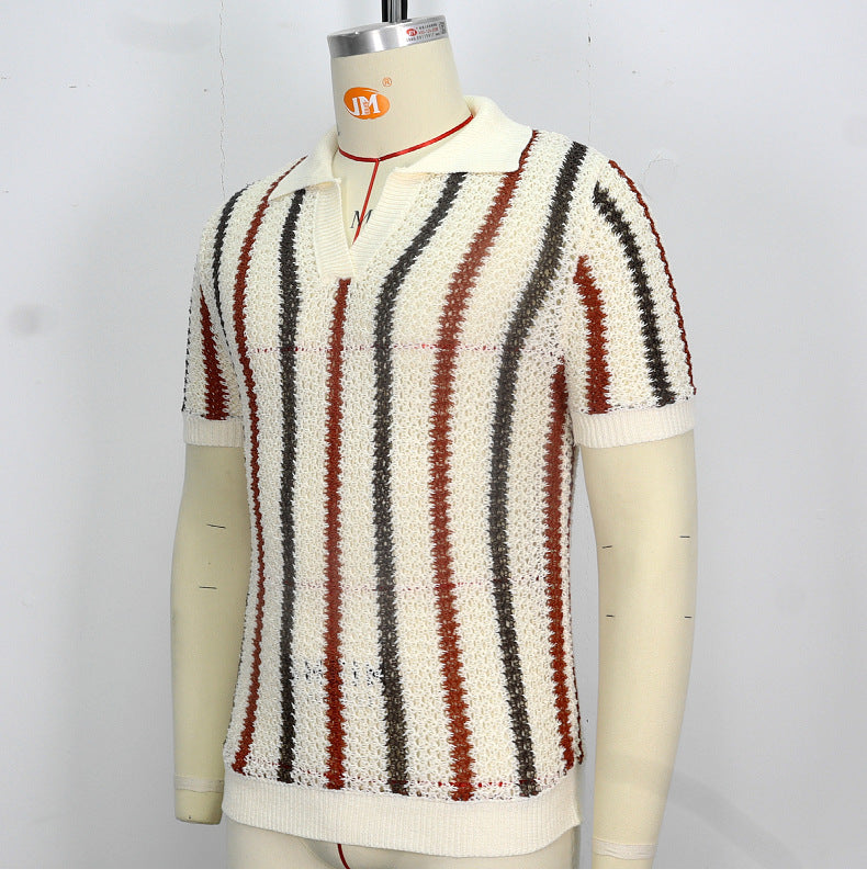 Chunky Knit Short-Sleeve Polo Shirt With Stripes And Contrast Colors, Casual Wear