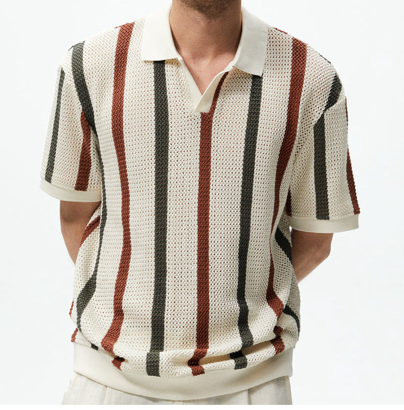 Chunky Knit Short-Sleeve Polo Shirt With Stripes And Contrast Colors, Casual Wear