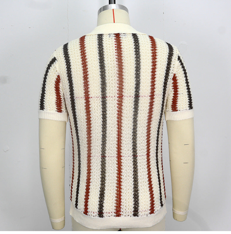 Chunky Knit Short-Sleeve Polo Shirt With Stripes And Contrast Colors, Casual Wear