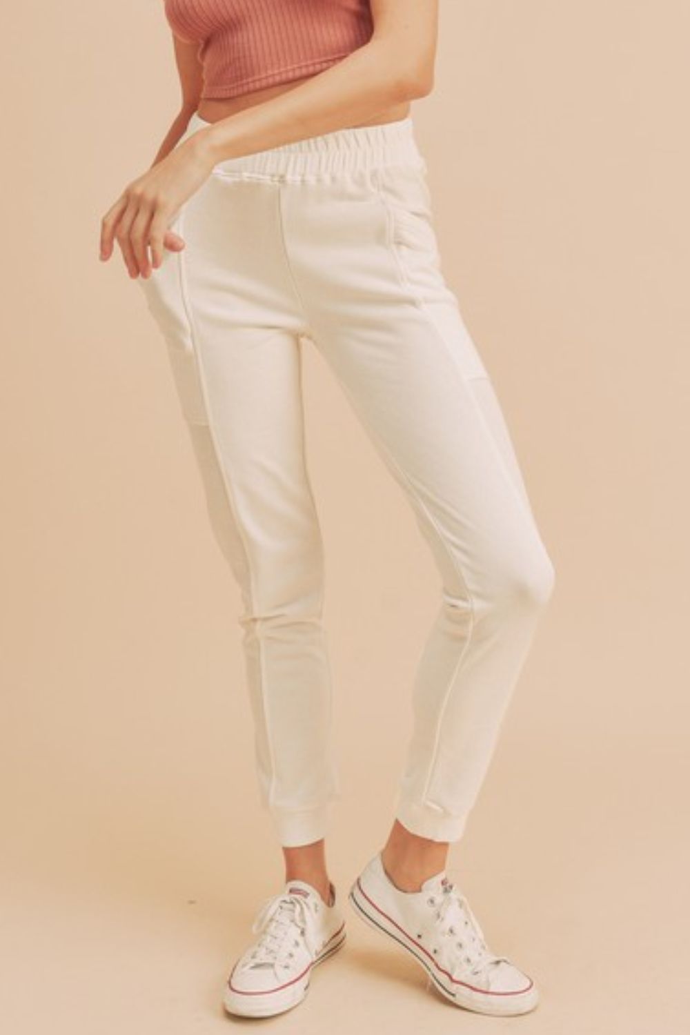 Aemi + Co Elastic Waist Joggers with Pockets White / S White / M White / L White / S-White / M-White / L-