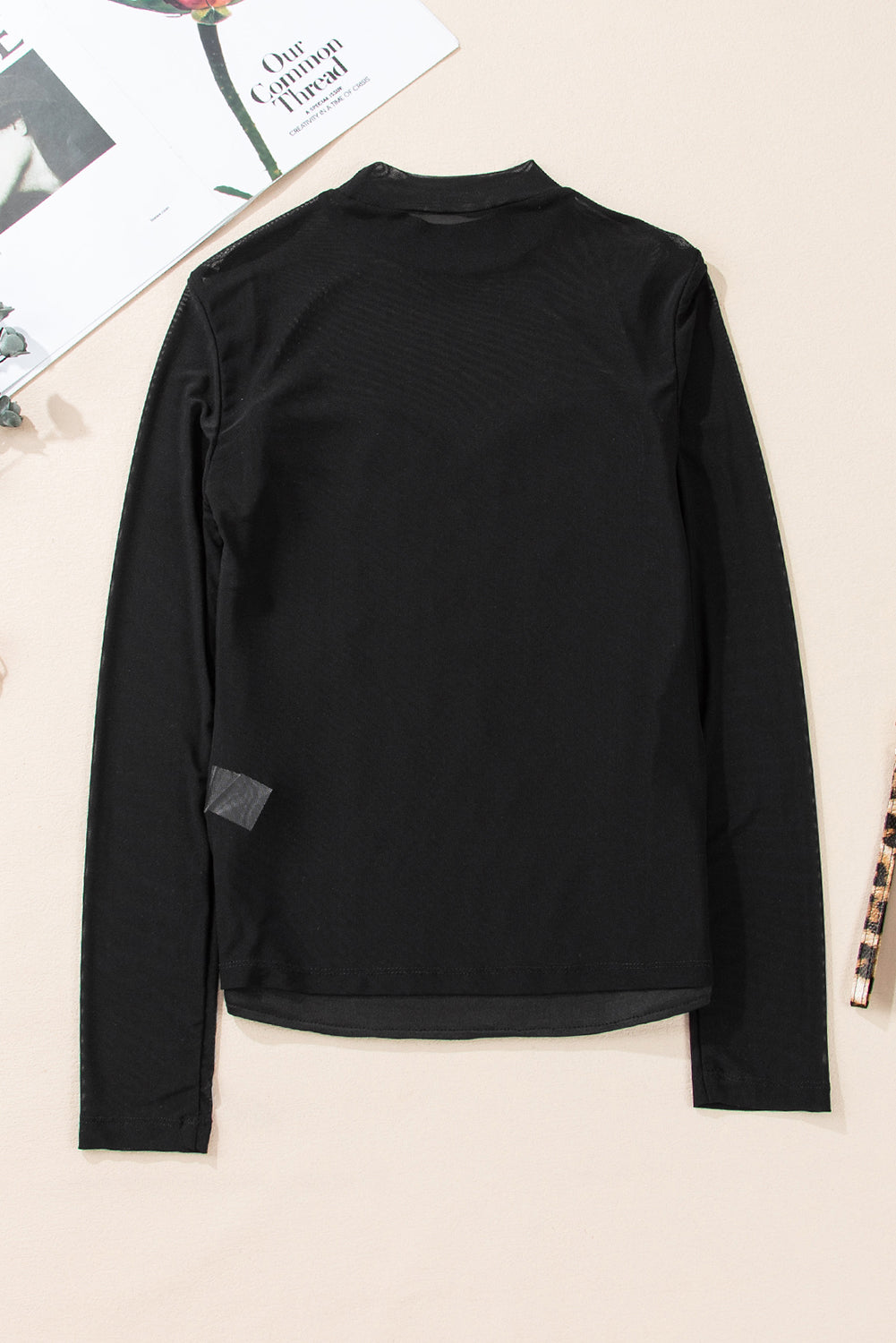 Black Sequin Velvet Sheer Mesh Mock Neck Blouse Black / S / 100%PET Black / M / 100%PET
