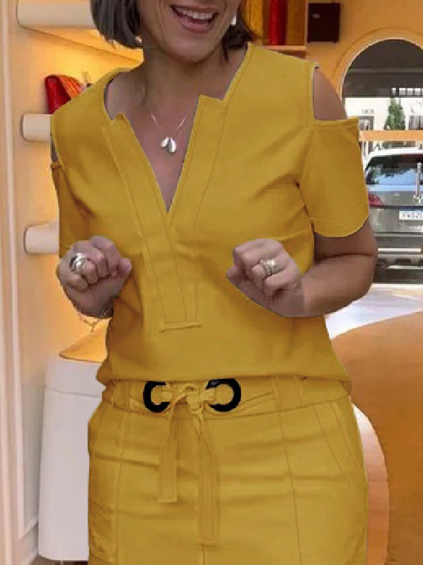 Chic Cold Shoulder Blouse: Stylish Loose-Fit Short Sleeve Top in Solid Colors RED / S RED / M RED / L RED / S-RED / M-RED / L-RED / XL-RED / 2XL-KHAKI / S-KHAKI / M-KHAKI / L-KHAKI / XL-KHAKI / 2XL-YELLOW / S-YELLOW / XL-YELLOW / 2XL-