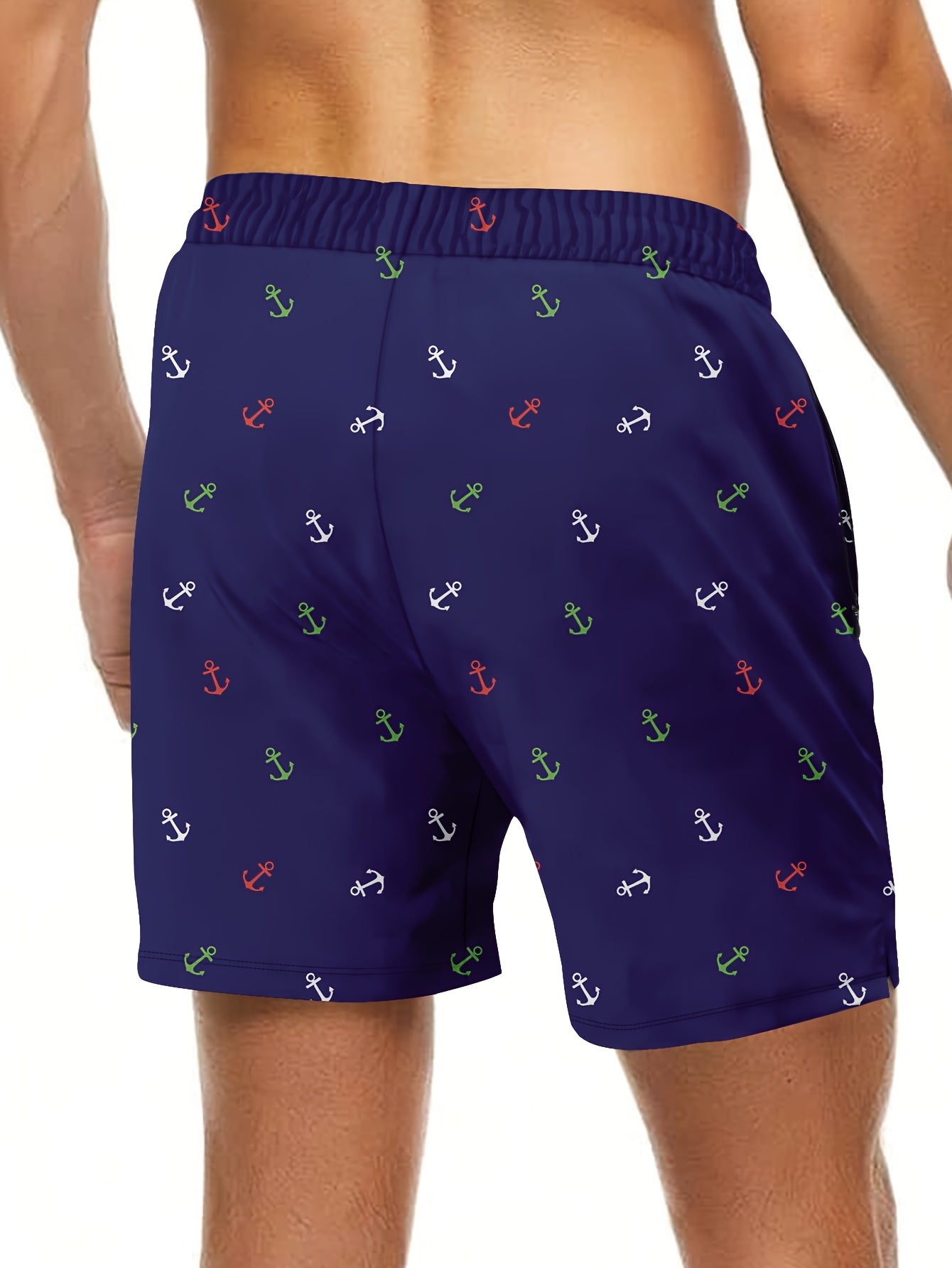 Men'S Swim Trunk With Compression Liner Navy Blue Anchor PrintQuick Dry Board Shorts With Pocket Zipper
