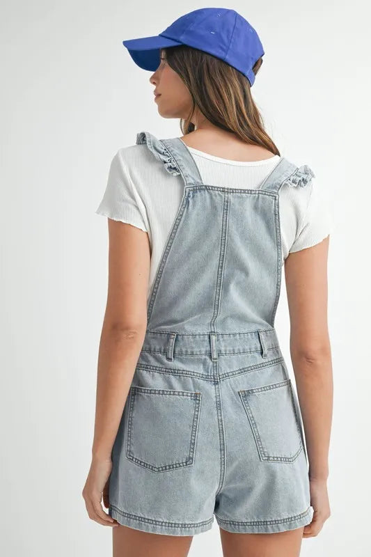 MABLE Square Neck Ruffle Shoulder Denim Overall Romper Lt Denim / S Lt Denim / M Lt Denim / L Lt Denim / S-Lt Denim / M-Lt Denim / L-