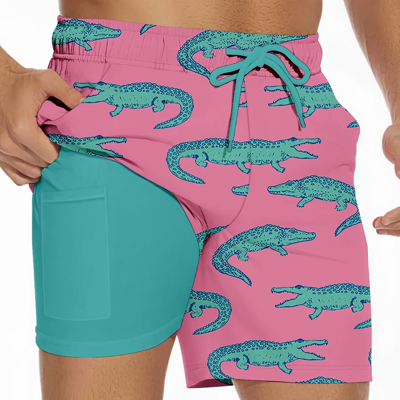 Men'S Summer Double-Layer Anti-Glare Beach Shorts, Casual Non-Stretch Fabric, Regular Fit with Flamingo Print