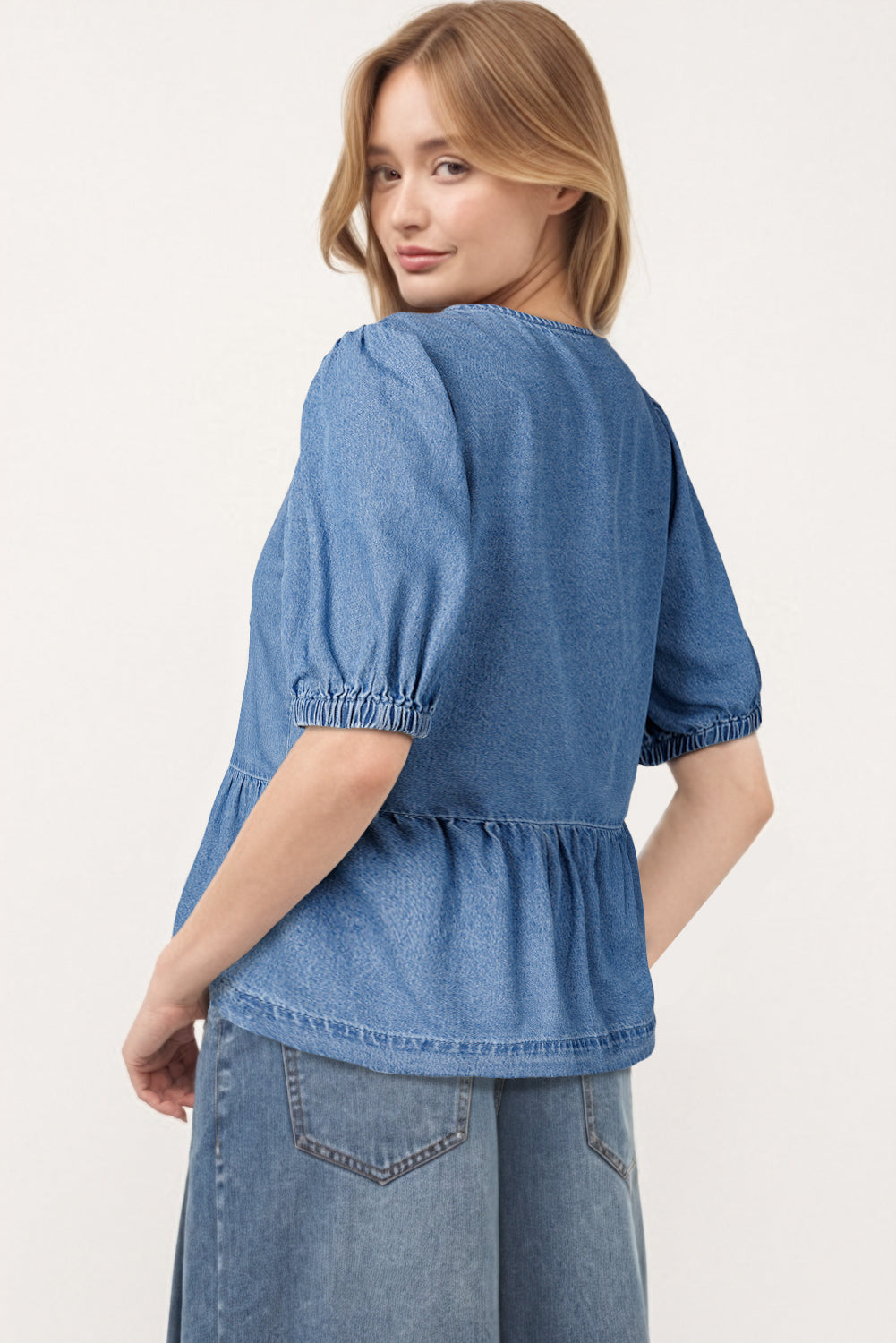 Dusk Blue Tied Front Bubble Sleeve Peplum Denim Shirt Dusk Blue / S / 100%Cotton Dusk Blue / M / 100%Cotton