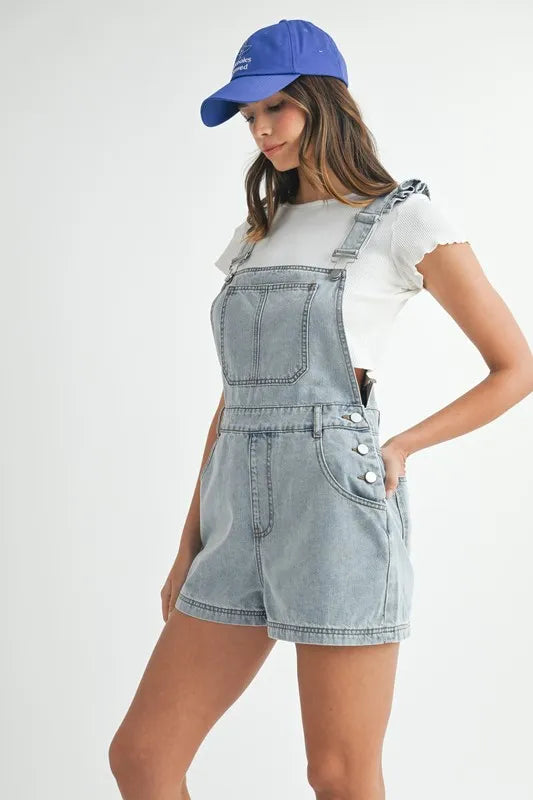 MABLE Square Neck Ruffle Shoulder Denim Overall Romper Lt Denim / S Lt Denim / M Lt Denim / L Lt Denim / S-Lt Denim / M-Lt Denim / L-
