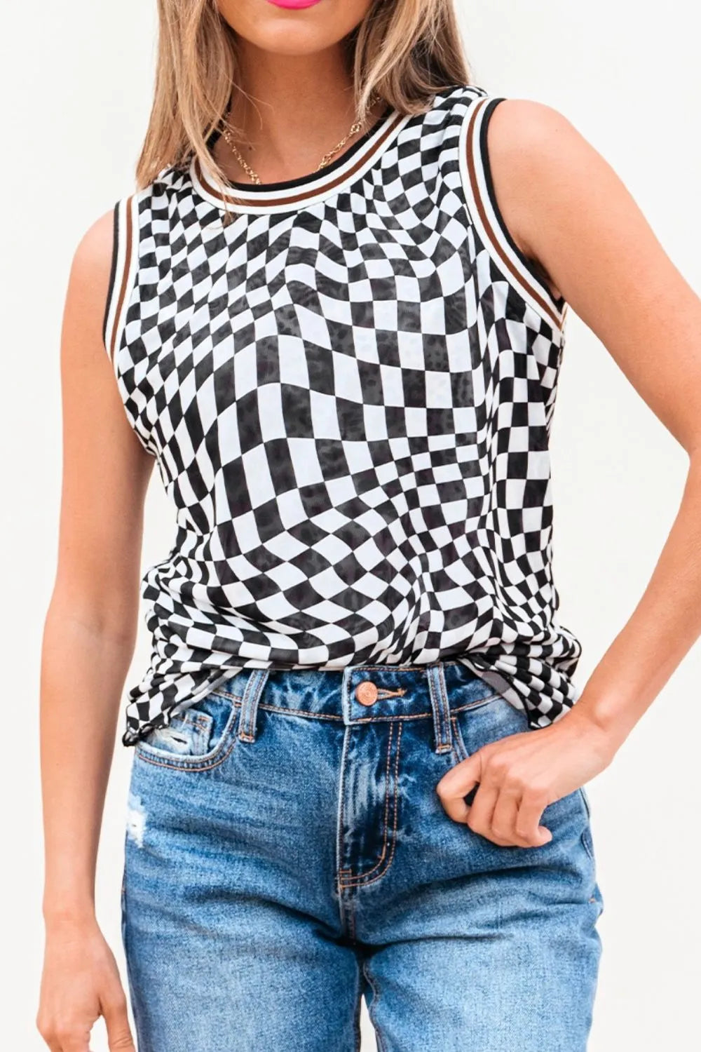 Checkered Round Neck Tank Black / S Black / M Black / L Black / S-Black / M-Black / L-Black / XL-