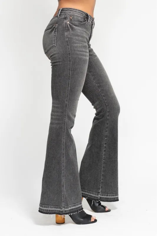 Judy Blue Full Size Midi Rise Tummy Control Washed Gray Release Hem Flare Jeans Plus Size GRY / 11(30) GRY / 5(27) GRY / 0(24) GRY / 11(30)-GRY / 5(27)-GRY / 0(24)-GRY / 1(25)-GRY / 3(26)-GRY / 7(28)-GRY / 9(29)-GRY / 13(31)-GRY / 15(32)-GRY / 14W-GRY / 16W-GRY / 18W-GRY / 20W-GRY / 22W-GRY / 24W-