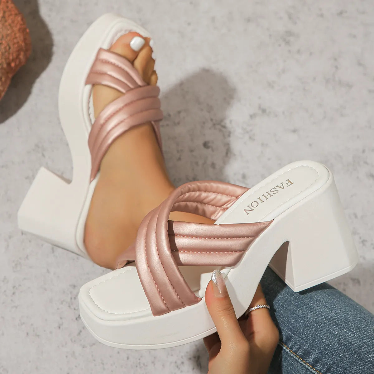 Open Toe Block Heels Sandals Rose Gold