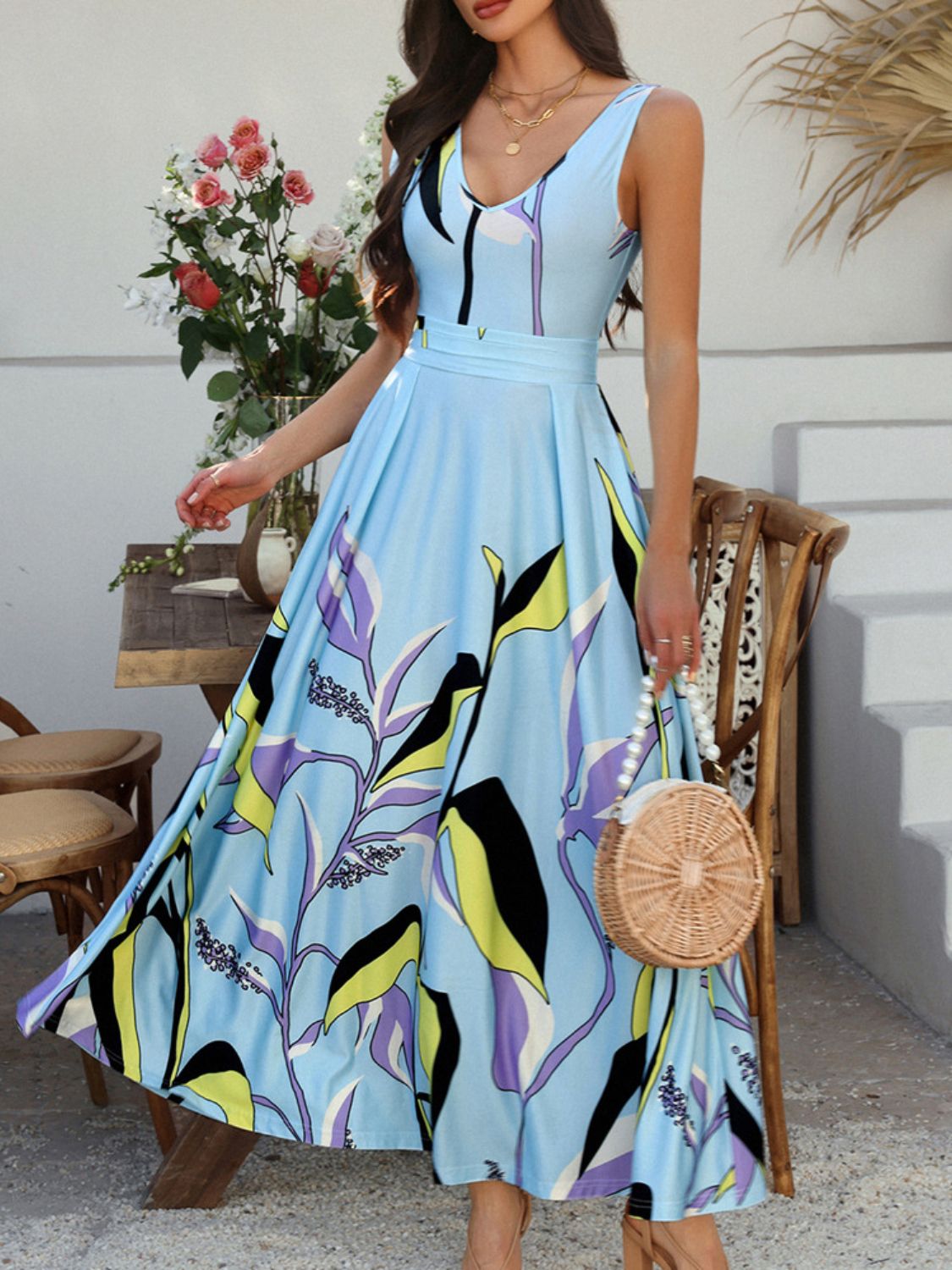Devine Printed Sleeveless Maxi Dress Light Blue / S Light Blue / M Light Blue / L Light Blue / S-Light Blue / M-Light Blue / L-Light Blue / XL-