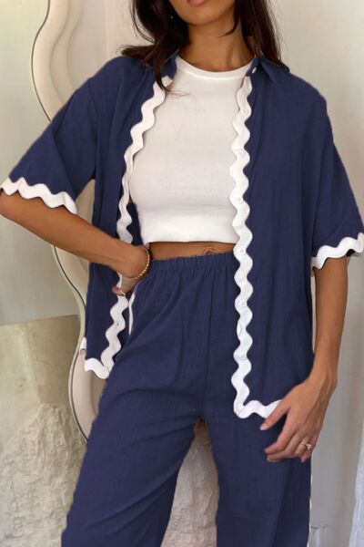 Contrast Trim Half Sleeve Top and Pants Set Dark Blue / S Dark Blue / M Dark Blue / L Dark Blue / S-Dark Blue / M-Dark Blue / L-Dark Blue / XL-