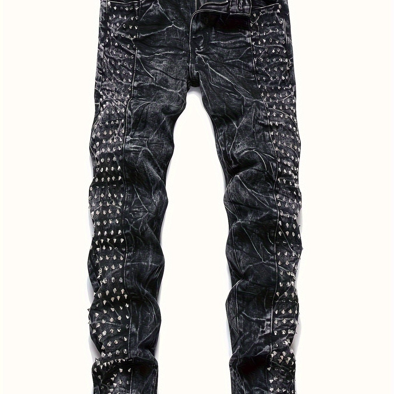 Men's Slim-Fit Rivet-Studded Denim Jeans - Punk Style, Stretch Cotton Blend Black / 30 Black / 32 Black / 34 Black / 30-Black / 32-Black / 34-Black / 36-Black / 38-