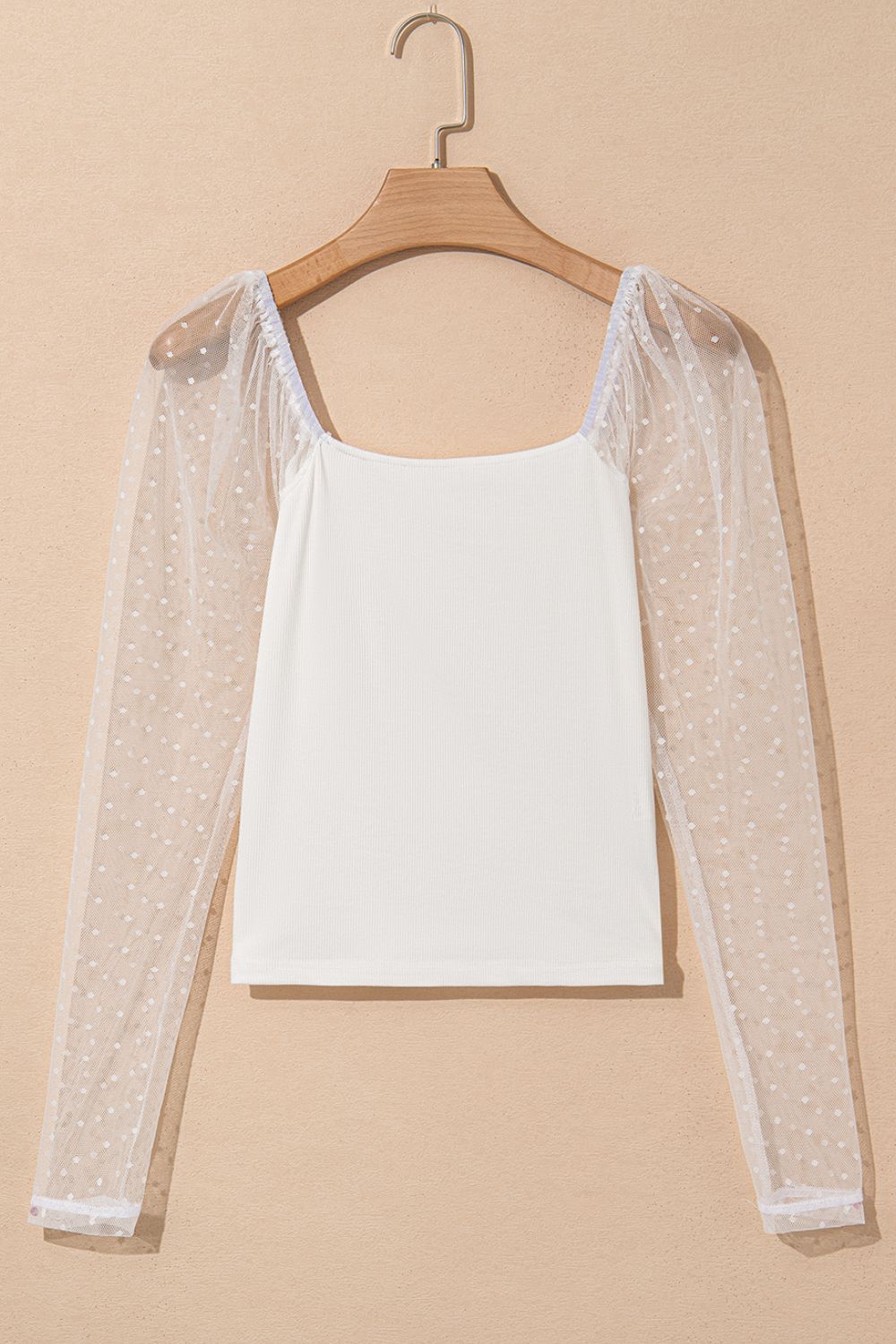 Swiss Dot Mesh Long Sleeve Square Neck Slim Top White / L White / M White / XL White / L-White / M-White / XL-White / S-