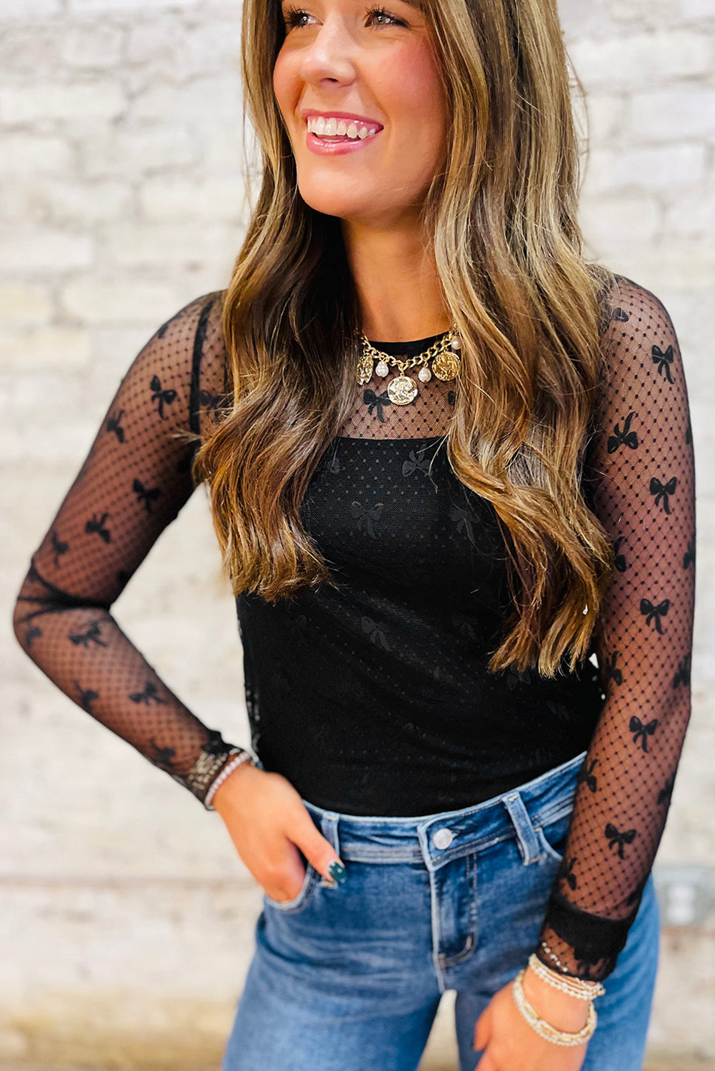 Black Bow Pattern Accent Mesh Long Sleeve Top Black / S / 90%Polyamide+10%Elastane Black / M / 90%Polyamide+10%Elastane Black / L / 90%Polyamide+10%Elastane Black / S / 90%Polyamide+10%Elastane-Black / M / 90%Polyamide+10%Elastane-Black / L / 90%Polyamide+10%Elastane-Black / XL / 90%Polyamide+10%Elastane-