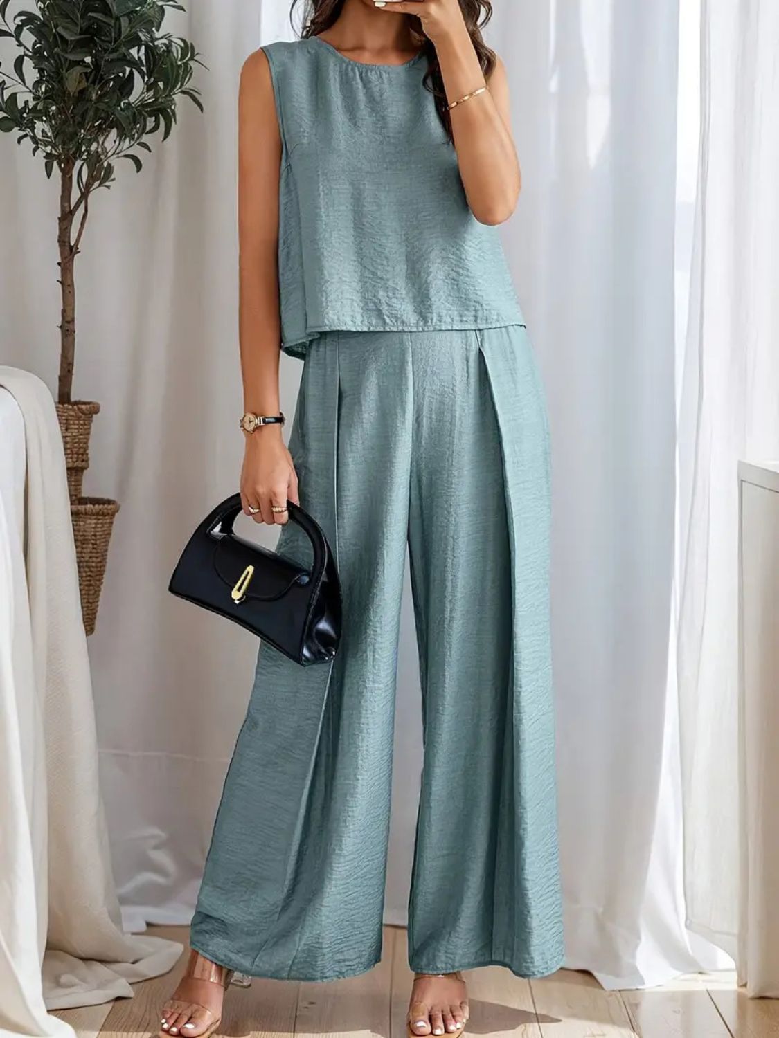 Round Neck Sleeveless Top and Wide Leg Pants Set Tan / 2XL Dusty Blue / S Dusty Blue / M Tan / 2XL-Dusty Blue / S-Dusty Blue / M-Dusty Blue / L-Dusty Blue / XL-Dusty Blue / 2XL-Black / S-Black / M-Black / L-Air Force Blue / S-Black / XL-Black / 2XL-Moonlit Mauve / S-Air Force Blue / M-Moonlit Mauve / M-Moonlit Mauve / L-Moonlit Mauve / XL-Moonlit Mauve / 2XL-Air Force Blue / L-Air Force Blue / XL-Air Force Blue / 2XL-Tan / S-Tan / M-Tan / L-Tan / XL-