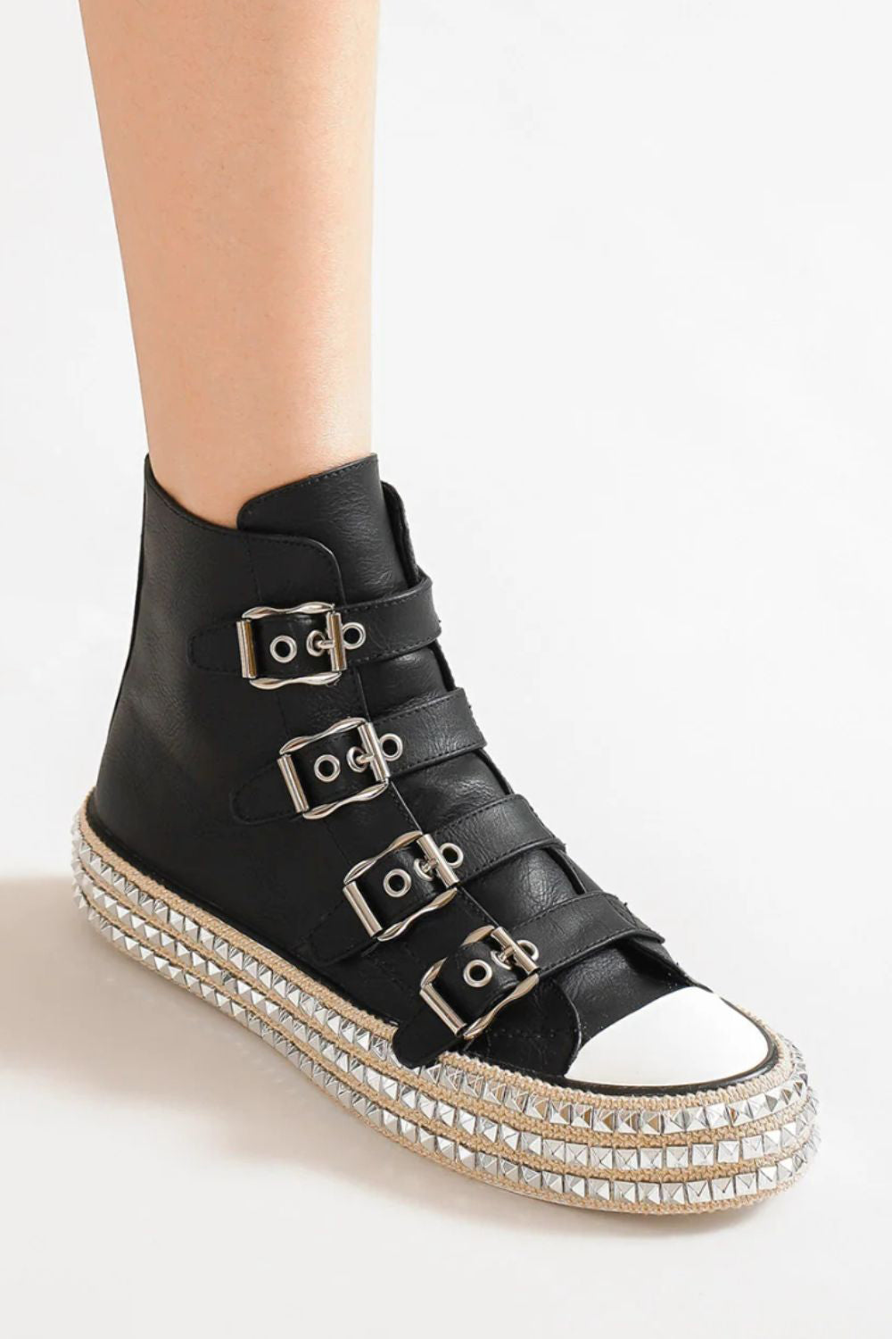 Beast Fashion Multi-Buckle Straps Studded Platform Sneakers Black / 5.5 Black / 6
