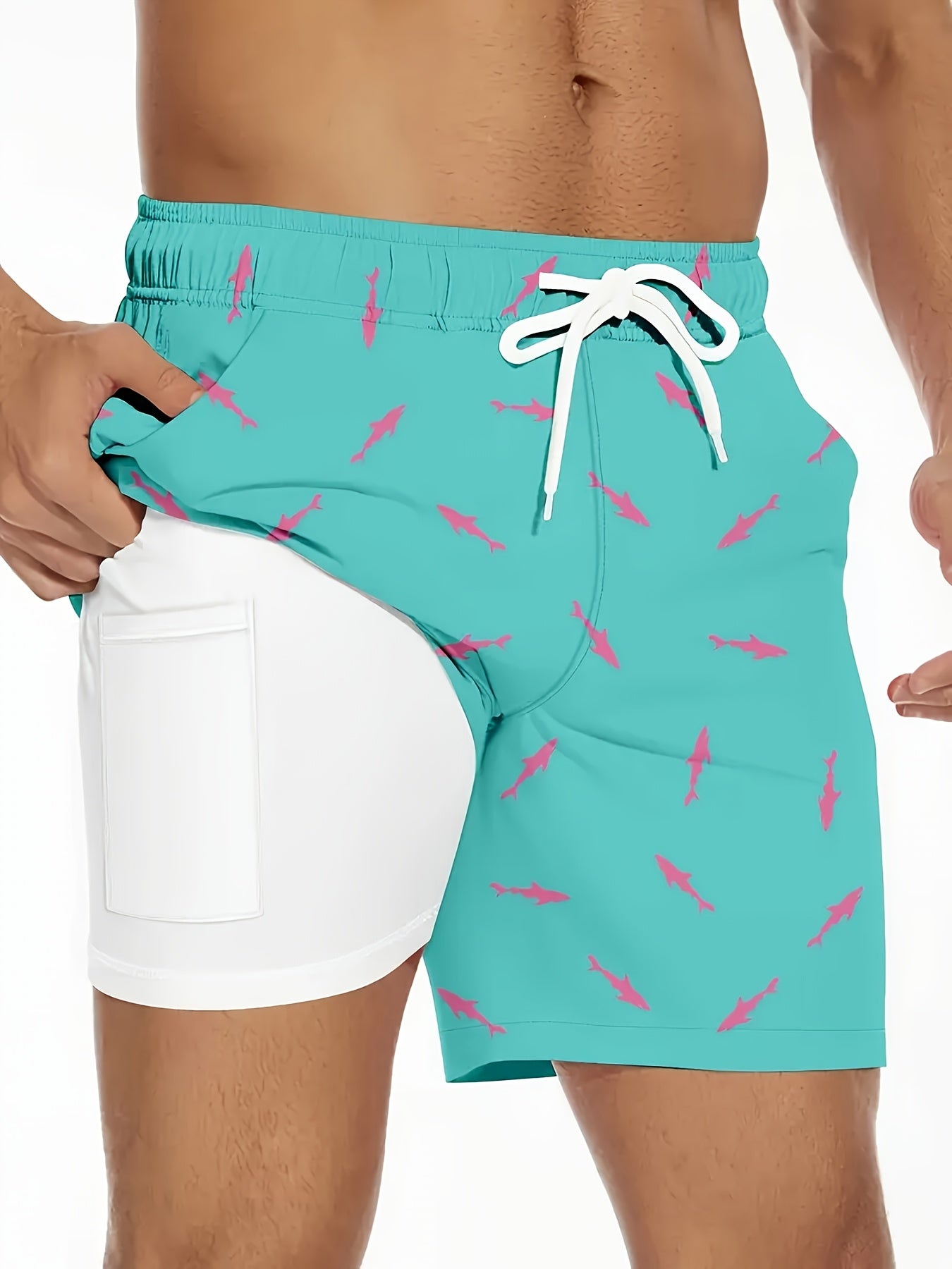 Lightweight Breathable Swim Trunks with Compression Lining, Quick-Dry Fabric, Adjustable Drawstring Waist, Tropical Fish Print in Navy Blue