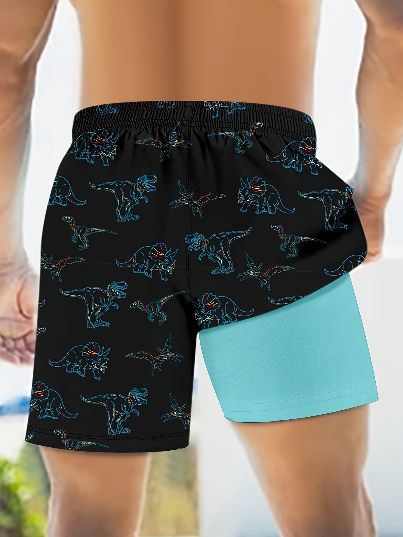 2-in-1 Quick-Dry Men's Swim Trunks | Dinosaur Print Board Shorts with Adjustable Drawstring Waist, Black with Blue Accents