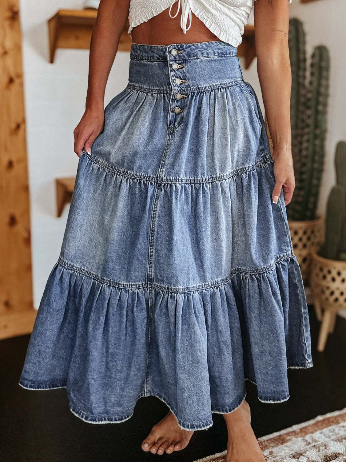 Tiered Button-Fly Denim Skirt Medium / S Medium / M
