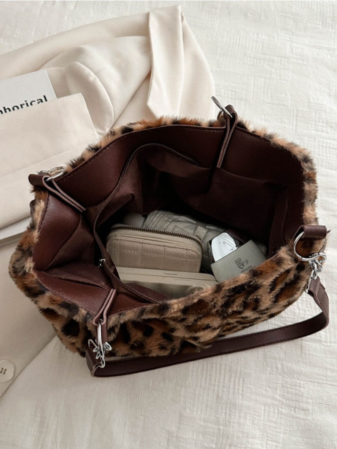 Faux Fur Leopard Shoulder Bag Brown / One Size Beige / One Size