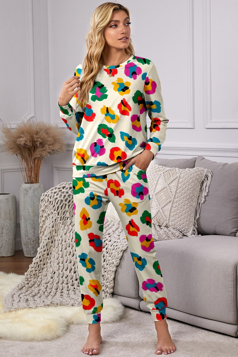 Apricot Leopard Print Long Sleeve Top and Skinny Pants Lounge Set Apricot / S / 95%Polyester+5%Elastane Apricot / M / 95%Polyester+5%Elastane