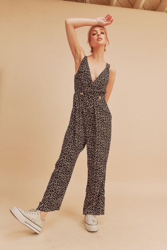 Aemi + Co Ditsy Floral Surplice Sleeveless Wide Leg Jumpsuit Black / S Black / M Black / L Black / S-Black / M-Black / L-