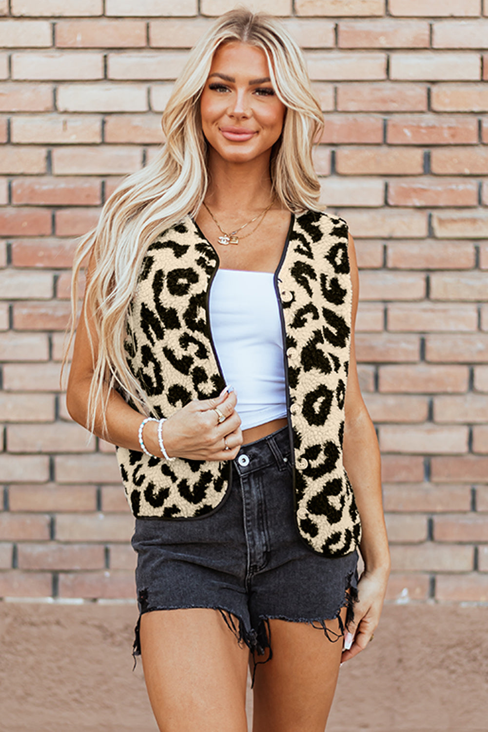 Black Leopard Print Sherpa Vest Coat Black / S / 100%Polyester Black / M / 100%Polyester