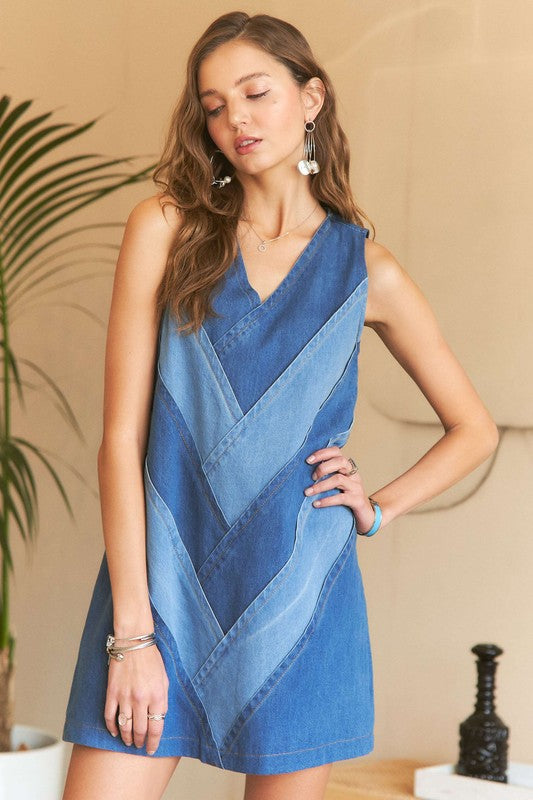 ADORA Chevron Color Block V-Neck Denim Dress Denim / S Denim / M Denim / L Denim / S-Denim / M-Denim / L-