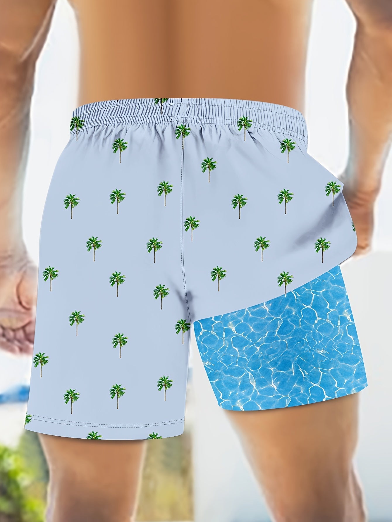 Men's Quick-Dry Swim Trunks with Pockets - 2-in-1 Design, Coconut Tree & Camo Print, Drawstring Waist