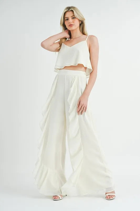 MABLE Crop Cami and Ruffled Wide Leg Pants Set Cream / S Cream / L Cream / M Cream / S-Cream / L-Cream / M-